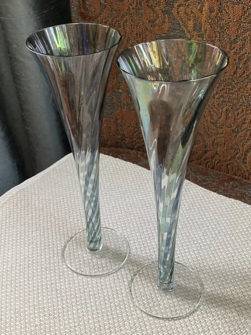 Pair: Iridescent Optic Swirl Hollow Stem Champagne Flutes, 10